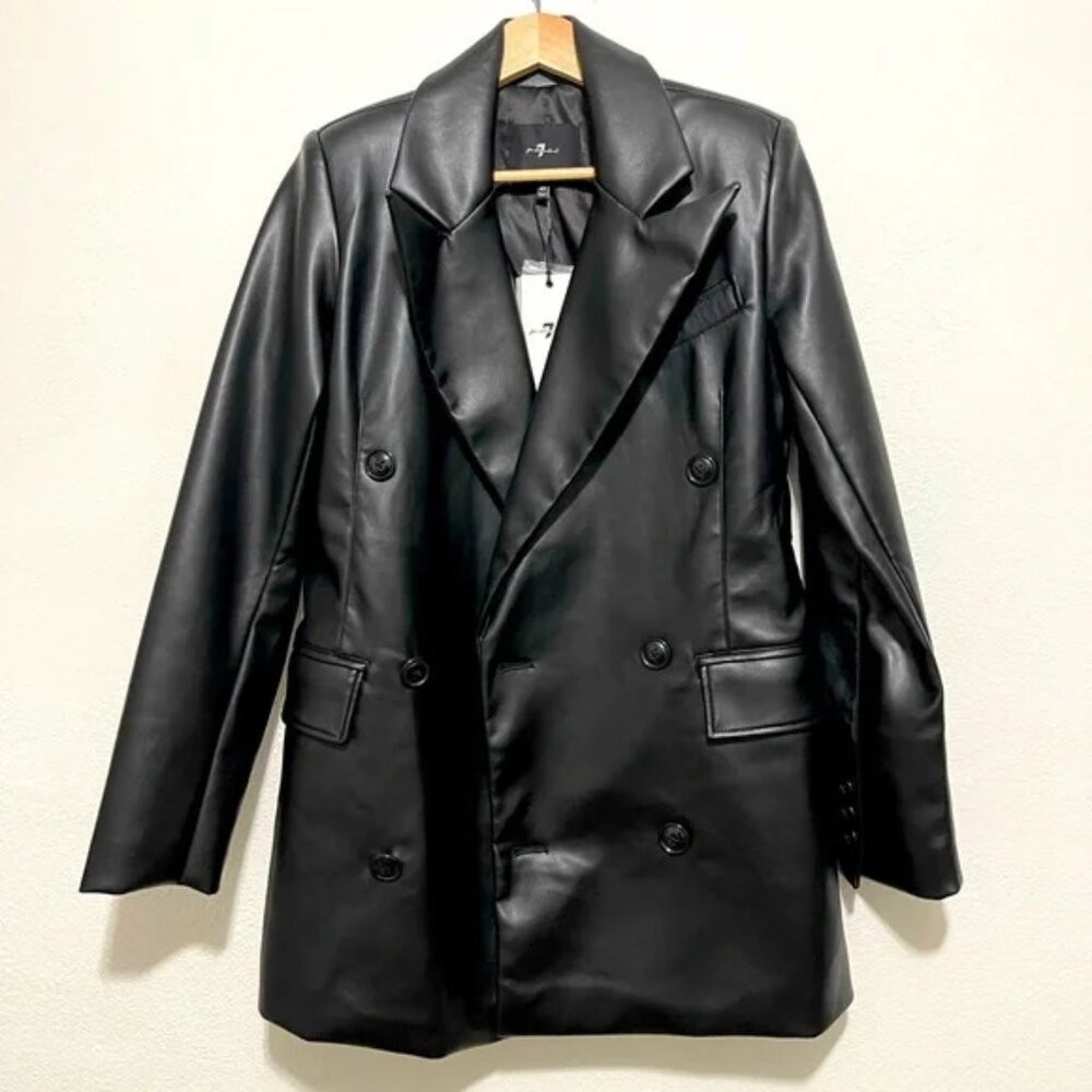XS 7 For All Mankind Womens Double Breasted Faux Leather Jacket Black